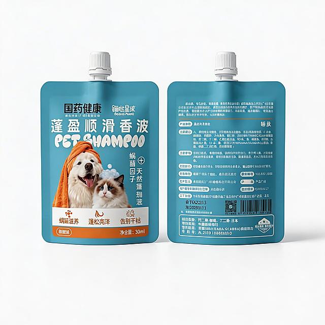 纯白背景高清正面展示图，宠物香波袋居中放置，完全还原原图外观细节，光影均匀柔和，无阴影反光，主体占画面70%，清晰展示包装上所有文字和图案，无多余元素，画质清晰锐利。