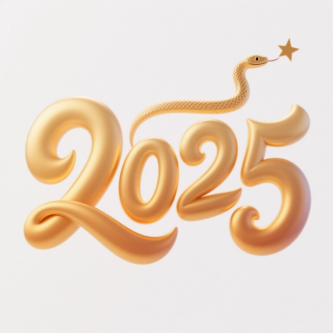 软3D风格的数字“2025”艺术设计，整体采用渐变的暖金色调，字体呈现圆润流畅的手写体风格，笔画边缘柔和且带有轻微的立体凸起效果，数字“0”的上方巧妙融入一条简约的蛇形图案，蛇头顶部点缀着一颗小巧的五角星，所有元素在纯白色背景上形成鲜明而和谐的视觉对比，整体造型兼具现代感与节日般的欢庆氛围。预览效果