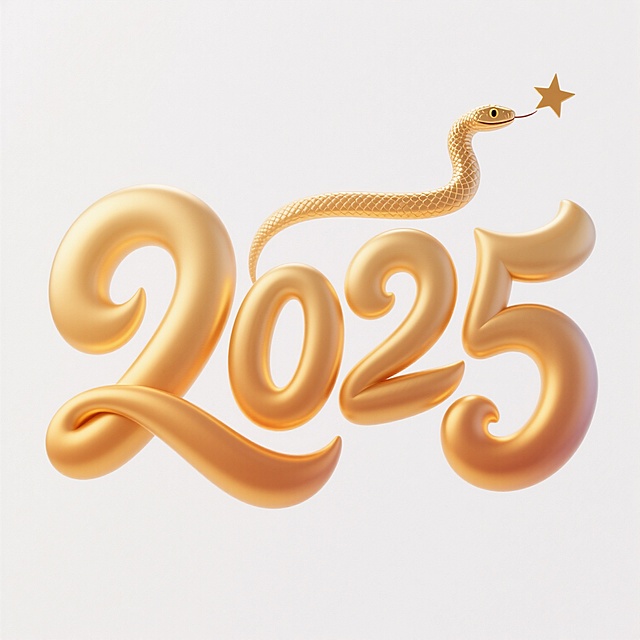软3D风格的数字“2025”艺术设计，整体采用渐变的暖金色调，字体呈现圆润流畅的手写体风格，笔画边缘柔和且带有轻微的立体凸起效果，数字“0”的上方巧妙融入一条简约的蛇形图案，蛇头顶部点缀着一颗小巧的五角星，所有元素在纯白色背景上形成鲜明而和谐的视觉对比，整体造型兼具现代感与节日般的欢庆氛围。