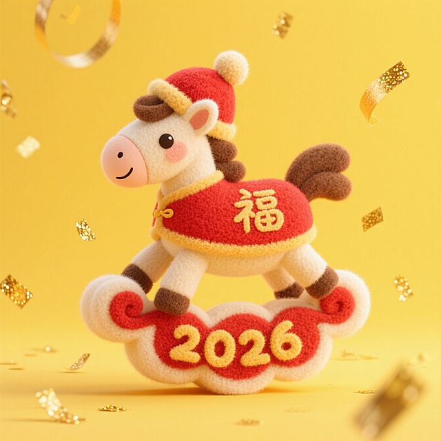 戴绒球红帽的卡通小马，穿绣 “福” 字新年装，踩在祥云上，“2026” 嵌在祥云纹里，明黄背景落金粉彩带
