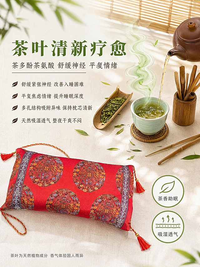 [第4张] 详情页茶叶卖点页-茶叶清新疗愈功效深度解读。本张使用【图1】作为商品主体。
[氛围/风格] 新中式茶禅养生风 清新雅致 茶香疗愈 商业摄影质感
[元素布局] 中式养生枕位于画面左下方 枕身正红色织锦缎面团花纹样清晰 保持产品外观物理结构材质质感颜色与输入产品图绝对一致 杜绝任何变形和色差 商品主体占比约40% 右上方为茶叶主题展示区 紫砂茶壶倾斜倒茶 茶汤注入青瓷茶杯 袅袅茶香以淡绿色烟雾视觉化升腾 旁边竹制茶则盛放绿茶叶 茶针 茶夹等茶道六君子 背景为浅米白亚麻布纹理 后方有竹帘半卷 透进柔和自然光 散落几片新鲜茶叶 画面清新雅致有禅意
[光影质感] 右上方自然光为主光 透过竹帘形成条状光斑 茶叶和茶汤通透有光泽 枕面缎面有柔和反光 整体明亮清新 光比柔和 茶香烟雾有通透感
[配色色系] 全局底色 #FAFAF5 米白色 主色中国红 #C8102E 茶绿 #689F38 辅助色紫砂棕 #795548 青瓷青 #B2DFDB
[视角构图] 对角线构图 左下枕头 右上茶席 阅读动线从右上到左下 平衡有张力 景深中等
[文字版式] 右上区域大标题 主标题「茶叶清新疗愈」 茶绿色粗宋体最大号 副标题「茶多酚茶氨酸 舒缓神经 平复情绪」 深棕色中号 下方四个功效点竖向排列 每行前加茶叶形图标 深棕色中号文字 「舒缓紧张神经 改善入睡困难」「平复焦虑情绪 提升睡眠深度」「多孔结构吸附异味 保持枕芯清新」「天然吸湿透气 整夜干爽不闷」 枕头右侧竖向排列两个圆形图标 分别为「茶香助眠」「吸湿透气」 白底绿边 底部一行小字「茶叶为天然植物成分 香气体验因人而异」 灰色小号 合规提示
[比例分辨率] 3:4 竖版比例 4K分辨率 文字清晰可辨 高清画质
[负向提示词] 变形 水印 文字错乱 文字过小 缺件错件 结构错误 颜色偏差 产品图模糊 背景杂乱 多余的手 多余的手指 畸形手