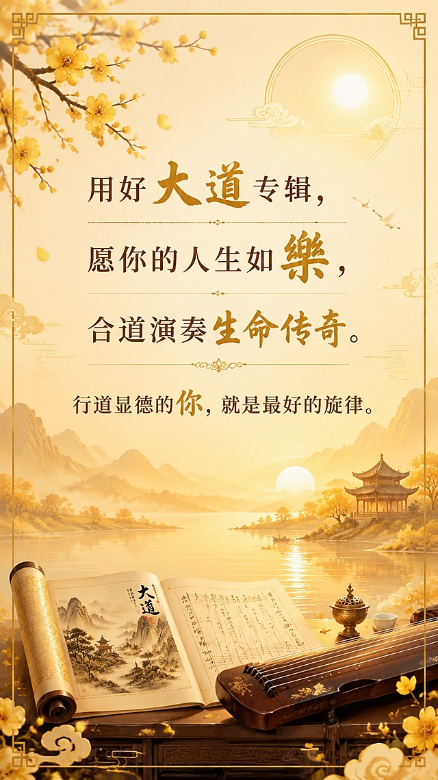 设计一张9:16竖版祝福海报，风格为国风新中式，温暖金色明亮暖色调背景，传递美好祝愿。画面中必须完整呈现以下文字，一字不差：
"用好大道专辑，
愿你的人生如樂，
合道演奏生命传奇。
行道显德的你，就是最好的旋律。"
所有文字清晰可读，排版优雅，四边留足边距。无需添加二维码。画面中所有信息区域必须填充完整合理的内容，不得出现空白框、空白占位。版式精美，国风新中式风格，整体色调温暖明亮，营造祥和祝福氛围。
