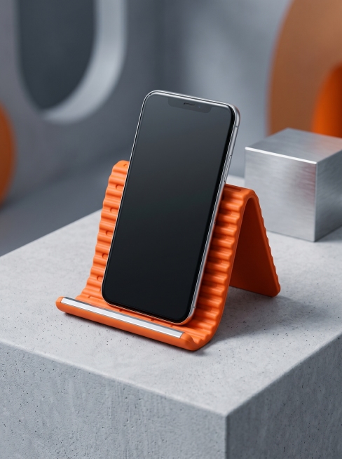 为这个橙色手机支架更换高档简约的电商背景，适合亚马逊平台展示，突出产品质感预览效果
