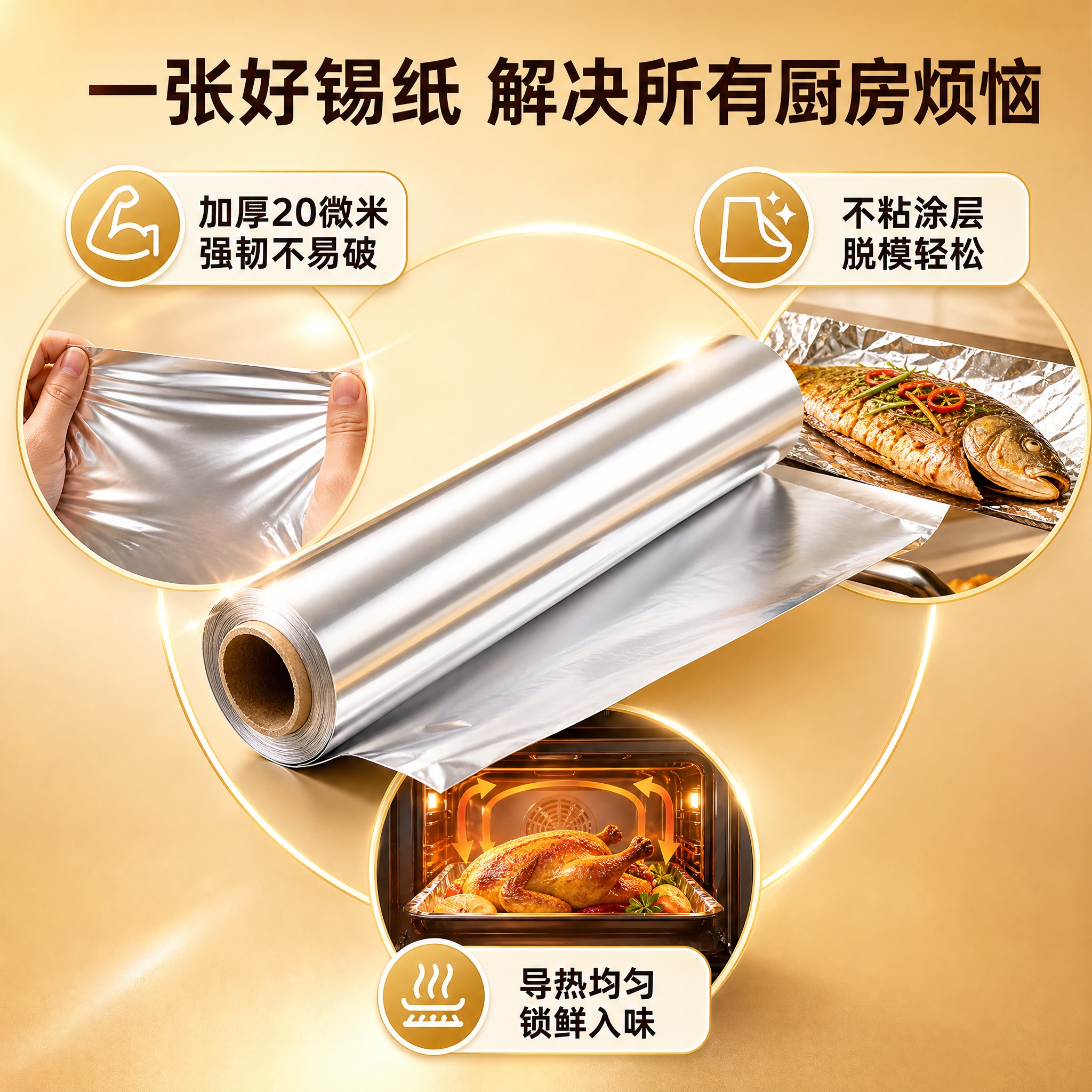 [主图-2 解决痛点图] 加厚食品级锡纸 家用烘焙烧烤铝箔纸… - 图片创意预览