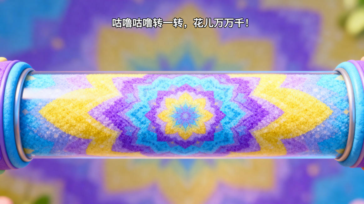 中班幼儿科学微课PPT内页，第16页万花筒步骤3-4，卡通梦幻风格，皮克斯风格，明亮色彩，主色调蓝紫黄渐变，幼儿视角。万花筒封口后转动，筒内无限对称彩色图案绽放，儿歌文字"咕噜咕噜转一转，花儿万万千！预览效果