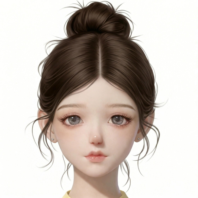 将图1人物的发型替换为图2的深棕色中分丸子头发型，保留人物面部特征预览效果