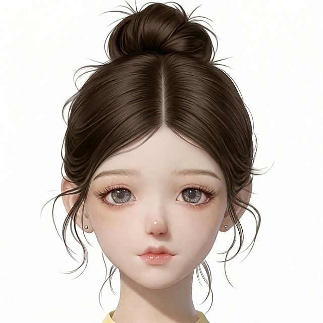 将图1人物的发型替换为图2的深棕色中分丸子头发型，保留人物面部特征