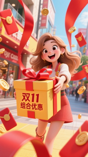 强烈镜头畸变，冲击力强，大幅度夸张动作，画面四周围绕的是很多红包和金币，一个浅棕色长发穿搭时尚的女生，左手向前伸向镜头，刚刚接着一个大礼盒，礼盒上写着双11组合优惠，惊喜的表情，表情开心，比例夸张，背预览效果