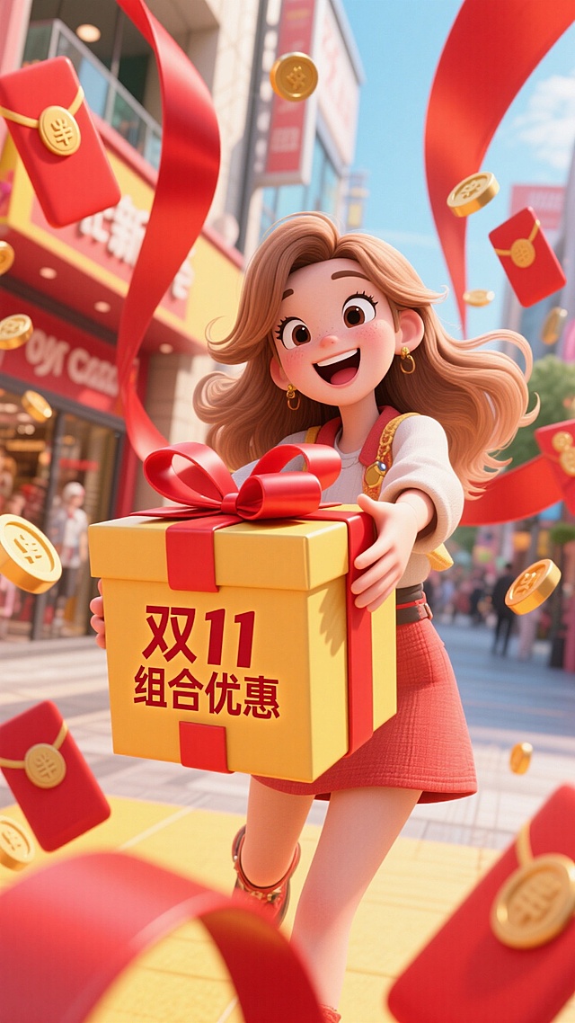 强烈镜头畸变，冲击力强，大幅度夸张动作，画面四周围绕的是很多红包和金币，一个浅棕色长发穿搭时尚的女生，左手向前伸向镜头，刚刚接着一个大礼盒，礼盒上写着双11组合优惠，惊喜的表情，表情开心，比例夸张，背景在室外的商场。主色调为红色和黄色。背后有红色的丝带。