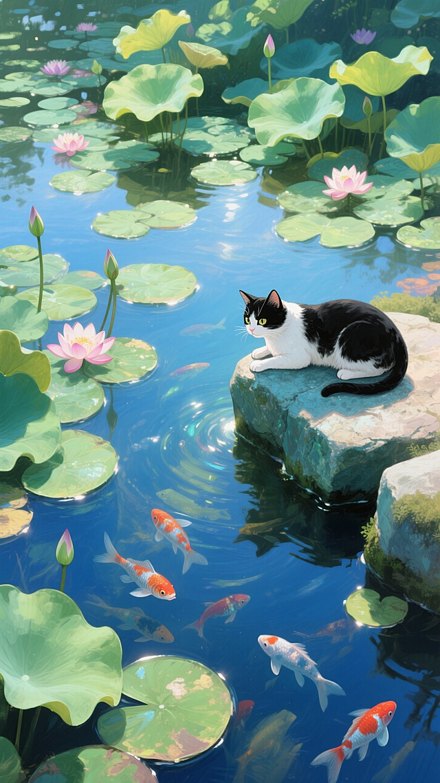 水彩风插画，猫咪静卧石上，荷叶与锦鲤环绕，清新梦幻，夏日氛围。