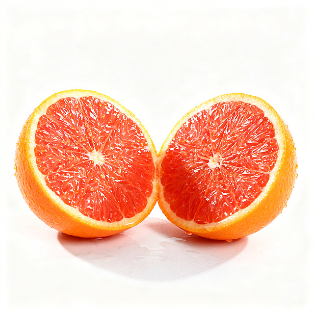 赣南脐橙商品主图，纯白背景，对半切开的赣南脐橙展示橙红色果肉纹理，居中展示，光影清晰，适合电商销售，突出果肉多汁
