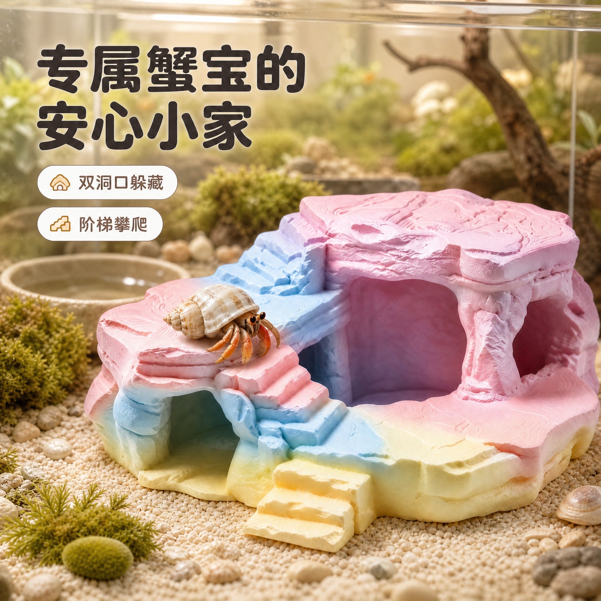 图生图背景替换：只把背景与地面换成真实的寄居蟹饲养箱内部场景，… - 图片创意预览