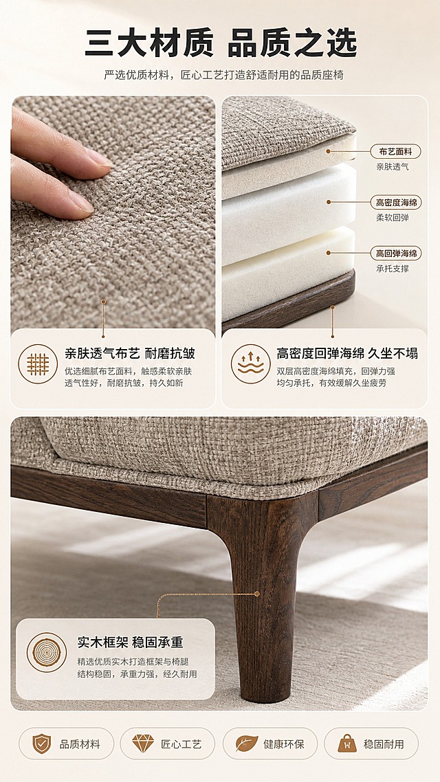 [商品] 使用【图1】浅棕灰色布艺单人沙发椅+脚踏套装；保留布艺面料纹理、实木脚、整体结构比例；做面料微距特写与材质分层展示，增强布艺编织纹理细节、海绵蓬松感与实木木纹质感，不改变产品颜色与外形。
[画面] 目标：材质工艺证明页，展示面料、海绵、实木三大核心材质。三分格构图，上半部分左侧为面料微距特写（手部轻触面料），右侧为海绵填充剖面示意；下半部分为实木框架木纹特写+说明；每个材质区配图标与文字标签；背景为浅米色渐变，突出材质本身质感。
[视觉] 套系策略：风格=现代轻奢北欧商业摄影；标题字=思源黑体粗体；正文字=思源黑体常规；主色=浅米杏+暖棕灰；背景延展=基于浅米杏做深浅层级、同色渐变与细腻墙布/木质感；强调色=焦糖棕，仅用于小面积图标、引线和标签；标题色=深炭灰；正文色=中暖灰；组件=圆角浅底信息卡、细线引线、胶囊卖点框；光影=左前侧暖柔光，柔和阴影。
[文字] 顶部主标题"三大材质 品质之选"，面料区标注"亲肤透气布艺 耐磨抗皱"，海绵区标注"高密度回弹海绵 久坐不塌"，实木区标注"实木框架 稳固承重"；每个材质配简短说明文字；文字横向排版，清晰可读。
[规格] 图片比例9:16竖版，4K，避免变形、错字、文字过小、冷蓝/蓝灰背景、产品颜色改变、结构失真、极限词。