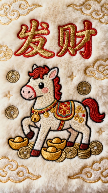一幅以发财为主题的毛绒质感刺绣设计，主体是一只色彩华丽、姿态生动的卡通风格马，马身装饰有金色元宝、铜钱等吉祥图案，采用圆润可爱的繁体字绣出“发财”二字，字体选择非书法的圆润可爱风格，文字颜色避免黑色和绿色，可选用红色、金色等喜庆色彩，周围环绕着金色的祥云纹、铜钱纹等传统吉祥纹样，背景为米白色毛绒质地，整体色彩明快喜庆，充满节日氛围和财富寓意，所有文字和图案均以精致的刺绣工艺呈现，细节丰富，层次……预览效果