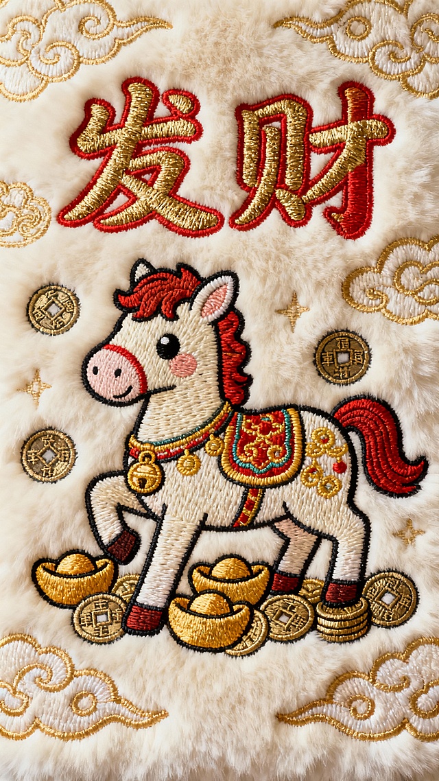 一幅以发财为主题的毛绒质感刺绣设计，主体是一只色彩华丽、姿态生动的卡通风格马，马身装饰有金色元宝、铜钱等吉祥图案，采用圆润可爱的繁体字绣出“发财”二字，字体选择非书法的圆润可爱风格，文字颜色避免黑色和绿色，可选用红色、金色等喜庆色彩，周围环绕着金色的祥云纹、铜钱纹等传统吉祥纹样，背景为米白色毛绒质地，整体色彩明快喜庆，充满节日氛围和财富寓意，所有文字和图案均以精致的刺绣工艺呈现，细节丰富，层次分明，营造出温暖而华丽的视觉效果。