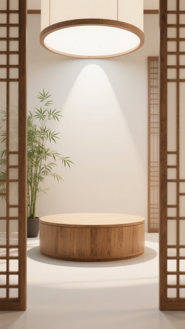 中式风格展台场景，中间设置圆形木质展台区域，整体画面留空区域占70%，背景为米白色墙面，左右两侧有木质格栅屏风，左侧格栅旁摆放一盆绿色竹叶植物，圆形展台上方有柔和的自然光照射，形成光影层次感，整体色调以原木色和米白色为主，营造简约、雅致、宁静的东方美学氛围，3D渲染质感，光线柔和均匀，构图简洁大方，突出展台主体。预览效果