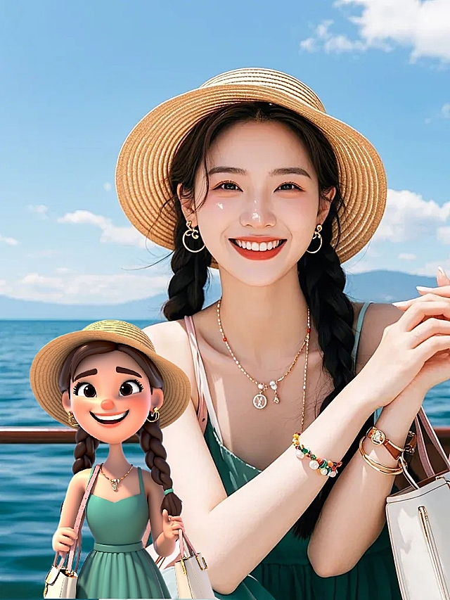 清新甜美，2D&3D混搭风，拟人卡通女孩与真人同框，海边度假氛围。