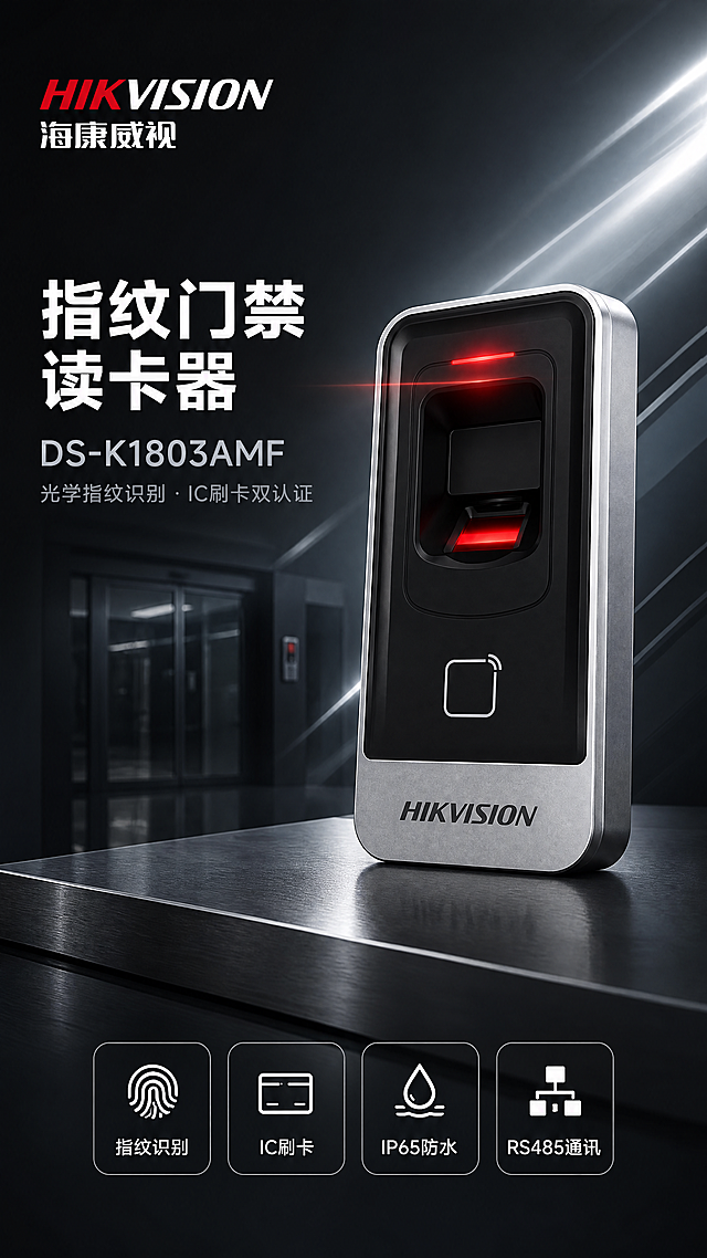 [第1张] 详情页头图-海康威视DS-K1803AMF指纹门禁读卡器主视觉海报。本张使用【图1】作为商品主体，保持产品外观、结构、颜色、材质与原图完全一致。
[氛围/风格] 深色科技安防风，硬朗金属质感，商业摄影级品质，专业可靠的工业级产品氛围。
[元素布局] 产品置于画面右侧偏中位置，45°斜侧视角，占比约55%-60%；左侧为文案区，背景为深灰色渐变+科技感线条光效，底部为金属质感台面；产品上方有红色扫描光线效果，突出指纹识别功能；背景隐约可见现代化门禁通道场景剪影。
[光影质感] 右上方主光源打亮产品正面与指纹识别区，左下方辅光勾勒金属边框轮廓，底部自然投影，整体明暗对比强烈，突出金属质感与科技感。
[配色色系] 全局底色 #1A1D24 深灰黑；主色银灰金属色+海康红点缀；辅助色深灰台面、白色文字。
[视角构图] 微仰视45°斜侧视角，景深虚化背景，阅读动线左上品牌 → 中部主标题 → 右侧产品 → 底部卖点标签。
[文字版式] 顶部左上角放品牌标识「HIKVISION 海康威视」；主标题「指纹门禁读卡器」大字两行居左；副标题「DS-K1803AMF 光学指纹识别 · IC刷卡双认证」；底部横向排列4个圆角卖点标签：「指纹识别」「IC刷卡」「IP65防水」「RS485通讯」；文字不遮挡产品主体。
[比例分辨率] 9:16 竖版比例，4K分辨率，文字清晰可辨，高清画质。
[负向提示词] 产品变形，结构错误，缺件错件，颜色偏差，水印，文字错乱，文字过小，产品图模糊，背景杂乱，人脸出现。