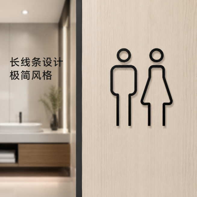 [模块-5] 黑色长线条镂空标识场景展示。[氛围/风格] 现代轻奢卫生间空间 简约高级 商业摄影质感。[画面元素] 黑色长线条镂空男女标识安装在木纹卫生间移门上，保持产品线条造型、黑色颜色与参考图一致预览效果