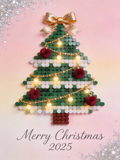 画面居中，拼豆手工层叠式圣诞树，缀金色小彩灯与酒红绒球，顶部是金箔蝴蝶结，背景为马卡龙粉渐变，边缘点缀细碎银葱闪粉效果。画面下方优雅极细手写体的文字“Merry Christmas 2025”预览效果
