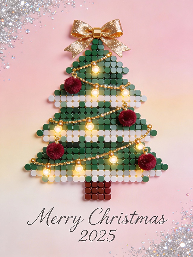 像素风圣诞树，拼贴几何元素，点缀温暖灯光与绒球，极繁主义细节，营造喜庆甜蜜温馨的节日氛围，2025圣诞祝福。