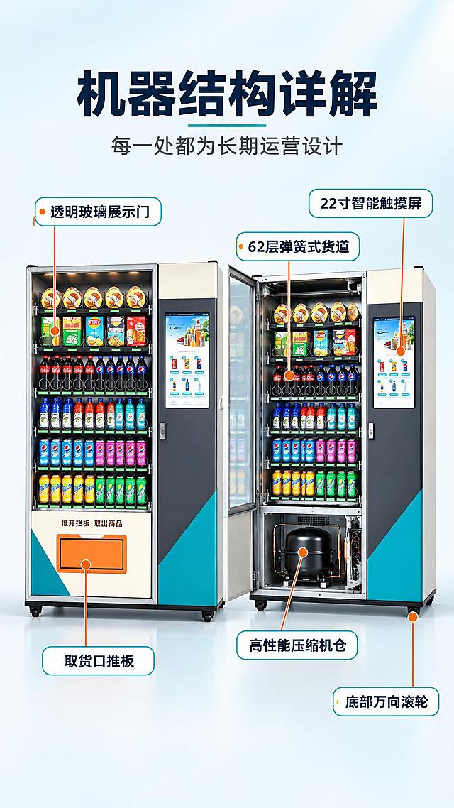[商品] 使用【图1】触屏制冷大型售货机整机：浅白机身配青绿色斜向色块与深灰色右侧面板，左侧大面积透明玻璃展示门内为6层弹簧式货道（上层零食、下层瓶装饮料），右侧竖版22寸智能触摸屏，下部白色面板配橙色取货口，底部四个黑色小滚轮；结构、颜色、比例、部件位置与参考图完全一致。
[画面] 电商详情页第6张，结构详解页，目标：拆解整机每一处关键结构。上方主标题“机器结构详解”，其下副标题“每一处都为长期运营设计”。中部为整机稍偏侧的双机：左侧为完整整机（占画面高度约一半，确保部件都看得清）；右侧为半剖结构感示意（玻璃门打开、内部货道与下层压缩机仓露出），机身结构与参考机一致。四周用橙色细引线拉出六个白色圆角标注卡，深蓝黑粗体中文：“22寸智能触摸屏”、“透明玻璃展示门”、“62层弹簧式货道”、“高性能压缩机仓”、“取货口推板”、“底部万向滚轮”。引线终点准确指向对应部件。
[视觉] 套系策略：风格=明亮浅色商业精工摄影；标题字=现代无衬线粗体；正文字=简洁无衬线体；主色=浅白 #F7FAFC；背景延展=浅白到浅青渐变加细腻磨砂质感；强调色=橙色 #FF7A18 仅用于小面积引线、序号与标签描边；标题色=深蓝黑；正文色=中灰；组件=白色圆角卡片配青绿细描边；光影=左前侧柔和棚拍光配自然接触阴影。
[文字] 标题不超过十字，副标题不超过十六字，标注卡为短词；所有文字仅横排，不得竖排、旋转、斜排；文字不遮挡部件；画面底部不放任何文字条或小字。
[规格] 图片比例9:16竖版，2K高清，引线与部件对应准确，结构不变形，文字无乱码；负向：变形，错字，乱码，机器变形，机器裁切，凭空增加的部件，黑色背景，深色背景，暗色调，水印，平台Logo，二维码，竖排文字，旋转文字，底部文字条，画面底部小字。