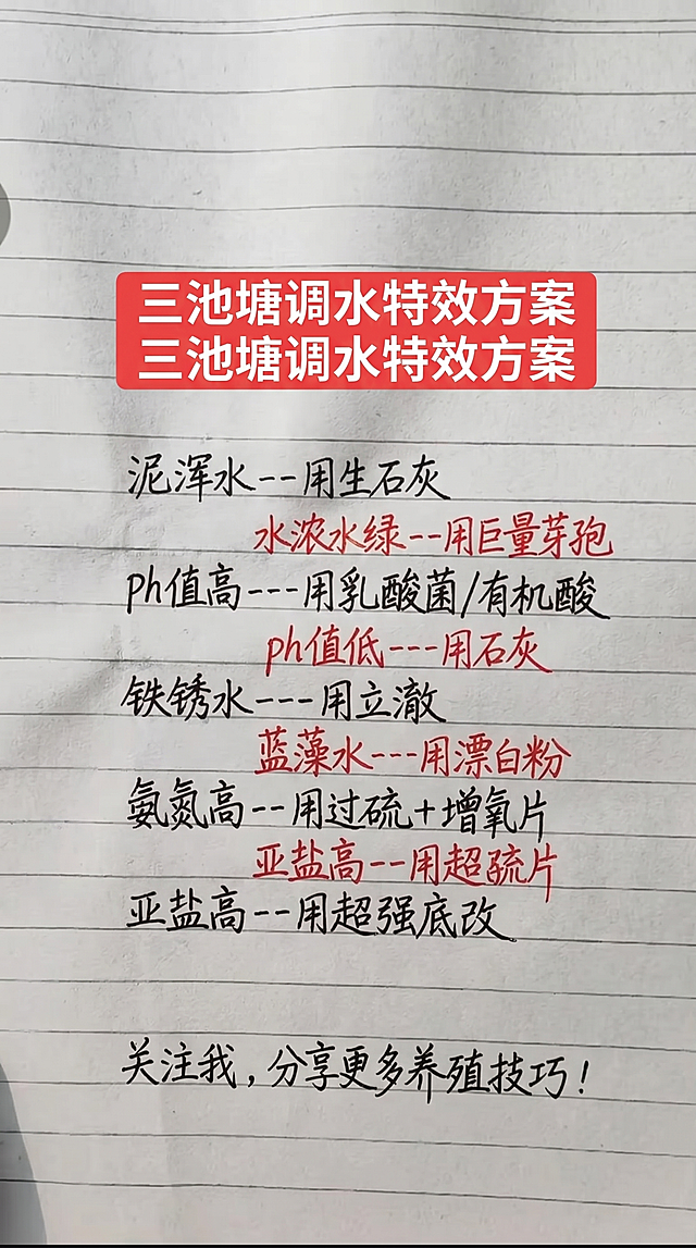 参照原图的字体样式和颜色排版，将图片内容全部替换为以下文字，一字不差，排版布局合理：标题红色底白色字：三池塘调水特效方案  正文黑色手写字体，对应方案红字注释：泥浑水--用生石灰          水浓水绿--用巨量芽孢  Ph值高---用乳酸菌/有机酸  ph值低---用石灰  铁锈水----用立澈  蓝藻水---用漂白粉  氨氮高--用过硫+增氧片  亚盐高--用超强底改  底部黑色字：关注我，分享更多养殖技巧!，背景为带横格的笔记本纸张，保持和原图一致的手写笔记风格