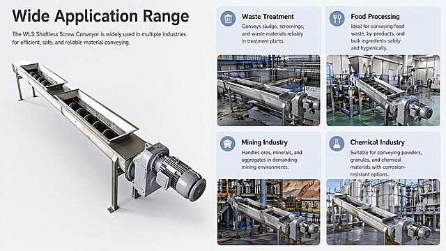 [第4屏] 应用范围：WLS Shaftless Screw Conveyor 多行业适用场景展示页。本屏使用【图1】产品信息。
[氛围/风格] 写实工业场景风，专业真实，突出适配性
[元素布局] 左侧放产品效果图，右侧分四格展示适用行业：Waste Treatment、Food Processing、Mining Industry、Chemical Industry，每个行业配简约场景缩略图，产品外观结构保持与原图一致。
[光影质感] 场景光自然柔和，产品与场景融合自然，整体清晰通透
[配色色系] 全局底色 #f0f2f5，主色产品原金属色，辅助色浅蓝行业区块，深灰文字
[视角构图] 左产品右场景分栏，四宫格展示多行业，布局均衡
[文字版式] 顶部主标题 "Wide Application Range", 每个行业区块标注行业名称，简短说明适配特性，文字清晰不杂乱
[比例分辨率] 16:9 横版比例，4K分辨率，文字清晰可辨，高清画质
[负向提示词] 场景冲突，产品变形，文字模糊，虚假场景，中文字符