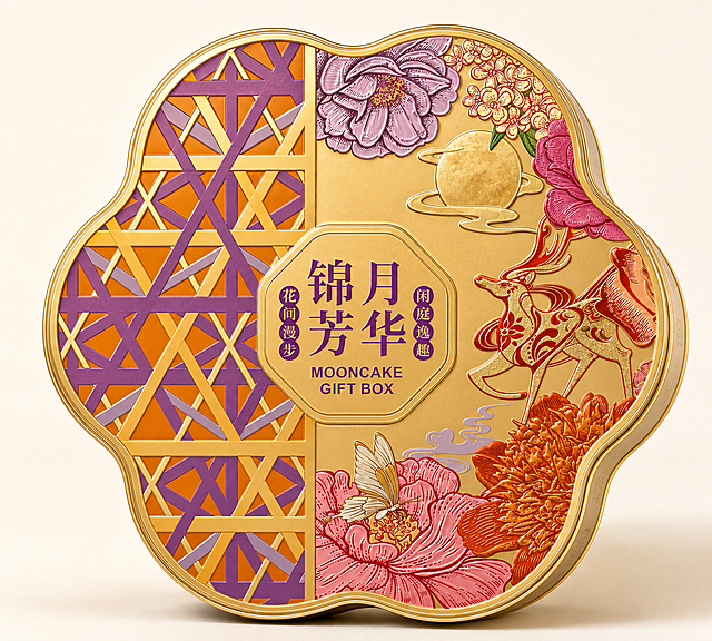 做一个金色的异形铁盒，铁盒盖子的正面为参考图的方案，盒子尺寸比例盒型按参考图，显示正面效果图，四周金边与参考图一致，铁盒材质为金属金色，整体呈现立体包装正面效果图，保留参考图中的所有设计元素和文字"锦月芳华" "花间漫步 闲庭逸趣" "MOONCAKE GIFT BOX"