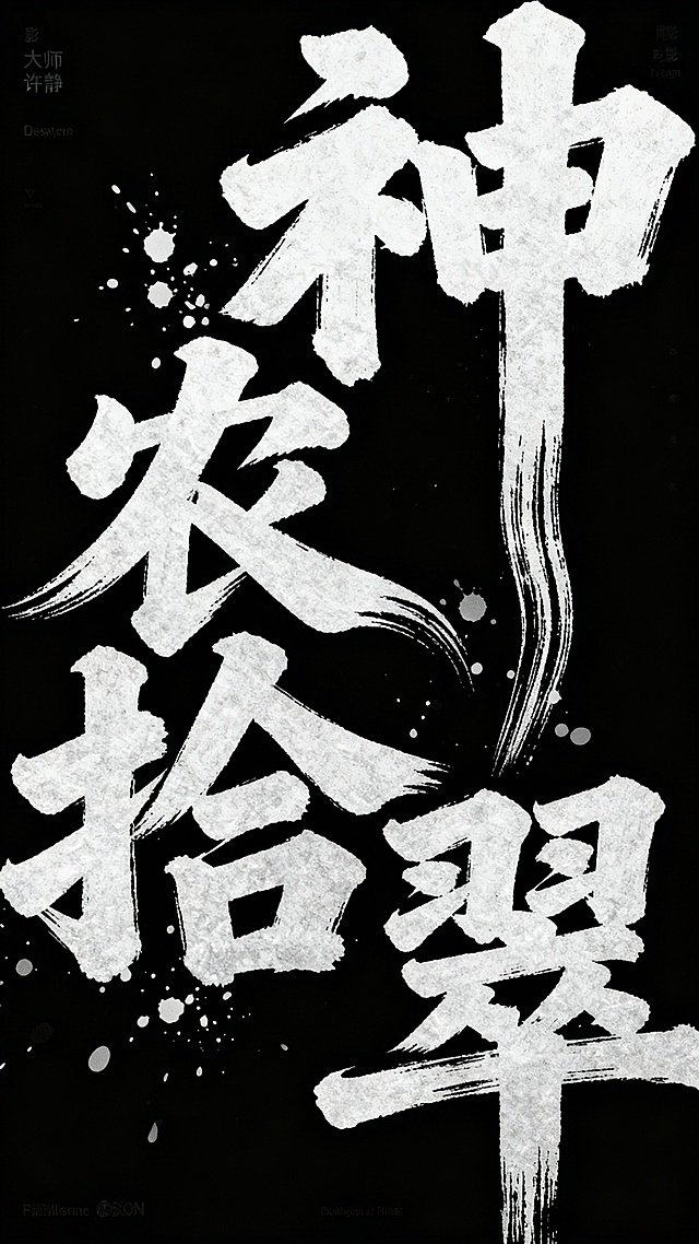 艺术书法字体设计”骨气“，艺术家许静风格，大师作品，电影感书法字，笔画粗而厚重，视觉冲击力强，笔画巧妙延长设计变形，飞溅的墨水做点缀，黑底，神农拾翠四个字