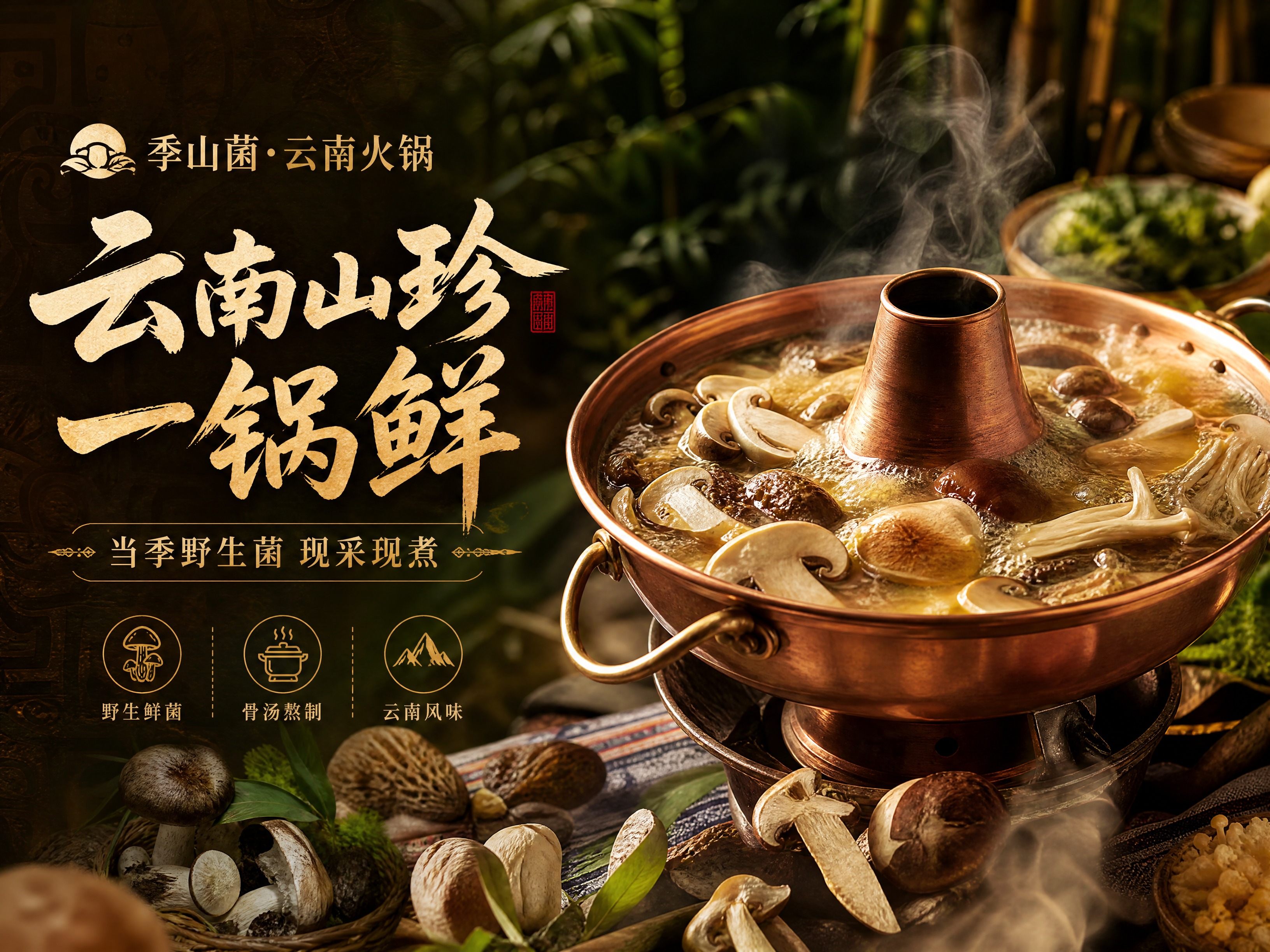 [商品] 季山菌·云南野生菌火锅，铜锅盛装，锅内沸腾的菌汤中漂… - 图片创意预览