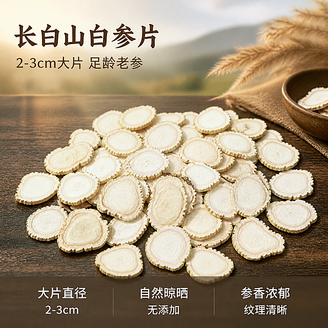 [主图-1] 长白山白参片大片首图 自然田园风食欲感。
[氛围风格] 质朴自然田园风 原木暖调 真实产地感；
[画质] 商业摄影质感、光线柔和通透、产品清晰真实、画面干净高级。
[元素] 白参片（直径2-3厘米大片）自然散落在深棕色原木桌面上，参片层层叠叠摆放，参片切面纹理清晰可见，边缘呈浅黄褐色、切面米白细腻。桌面一角点缀少量干芦苇、麻布片、古朴陶碗作田园装饰，背景虚化出远山田野与晨光薄雾，营造产地直采氛围。**保持白参片外观（即物理结构、材质质感、颜色、切片形态）与输入产品图一致，杜绝任何变形和色差，精细化处理**。商品主体占比约65%；画面满屏无边框。
[光影] 清晨自然侧逆光，暖金色柔光扫过参片边缘，切面通透有温润光泽；桌面漫反射柔和补光，暗部有层次、无死黑，整体温暖质朴，参片纹理清晰立体。
[配色] 主色原木深棕+参片米白；辅色暖金、麻布浅褐；强调色少量草绿点缀。
[视角构图] 45°俯视偏平视，参片群为视觉中心，前中后景分层、景深中等，参片轮廓完整不裁切。
[文字版式] 左上负空间左对齐留安全边距，三行主辅文案不压参片主体。大字主标题「长白山白参片」深棕色最大号粗宋/书法体；副标题「2-3cm大片 足龄老参」约半高、同色系略浅；底部通栏极轻微半透明蒙层均分三列，列内上短句下说明左对齐：列一「大片直径」「2-3cm」列二「自然晾晒」「无添加」列三「参香浓郁」「纹理清晰」；上层短句同字号、下层说明同字号，白字与浅棕底强反差，现代无衬线。
[输出要求] 1:1比例，文字清晰锐利，画面超高清商业摄影质感。
[负向提示词] 变形，文字错乱，产品图模糊，背景杂乱，水印，电商平台Logo，医疗功效宣称，绝对化用语。