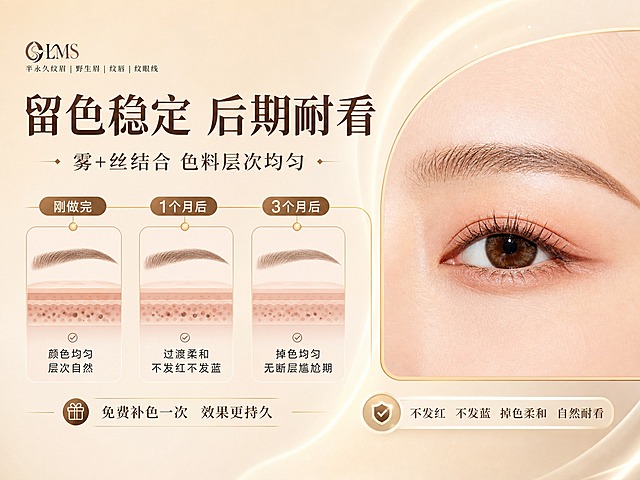 [商品] 使用【图1】立体丝雾眉效果图；保留眉毛形态和质感，放在页面右侧作为效果展示；本页重点展示留色稳定的优势机理。
[画面] 目标：留色优势页，突出留色稳定、后期不发红发蓝、掉色柔和不断层的核心优势。构图：横版4:3，左侧2/3为标题+横向三段式时间轴示意（刚做完→1个月→3个月），右侧1/3为眉眼效果大图。主体：时间轴三段横向排列展示，每段配小示意图和文字说明，表现留色均匀、过渡自然。背景：暖杏奶茶色渐变背景，时间轴用细金色线条连接。前中后景：前景时间轴图形，中景文字说明，后景渐变背景+右侧效果底图。阅读动线：从左至右，标题→时间轴→效果展示。
[视觉] 套系策略：风格=高级轻奢医美纹绣风，温柔质感商业摄影；标题字=优雅宋体加粗，衬线体；正文字=简洁无衬线黑体；主色=暖杏奶茶色（米棕调）；背景延展=基于暖杏奶茶色做深浅渐变、同色系层次、丝绸/哑光纸张质感、淡金光晕点缀；强调色=深棕咖色，仅用于小面积图标、引线、标签和重点文字高亮；标题色=深棕咖色；正文色=中暖棕色；组件=圆角浅米色信息卡、细金线引线、圆形图标、柔边光晕；光影=左前侧暖柔光，柔和漫射，皮肤通透有光泽。
[文字] 左上主标题「留色稳定 后期耐看」（大字号），副标题「雾+丝结合 色料层次均匀」（中字号）。时间轴横向三段：第一段「刚做完」配文「颜色均匀 层次自然」；第二段「1个月后」配文「过渡柔和 不发红不发蓝」；第三段「3个月后」配文「掉色均匀 无断层尴尬期」。底部配文「免费补色一次 效果更持久」。所有文字横排。
[规格] 图片比例4:3横版，分辨率2K，负向提示：避免变形、模糊、文字错字、冷蓝/冷灰背景、眉毛颜色失真、竖排文字、绝对化用语、永久/永不掉色等夸大承诺。