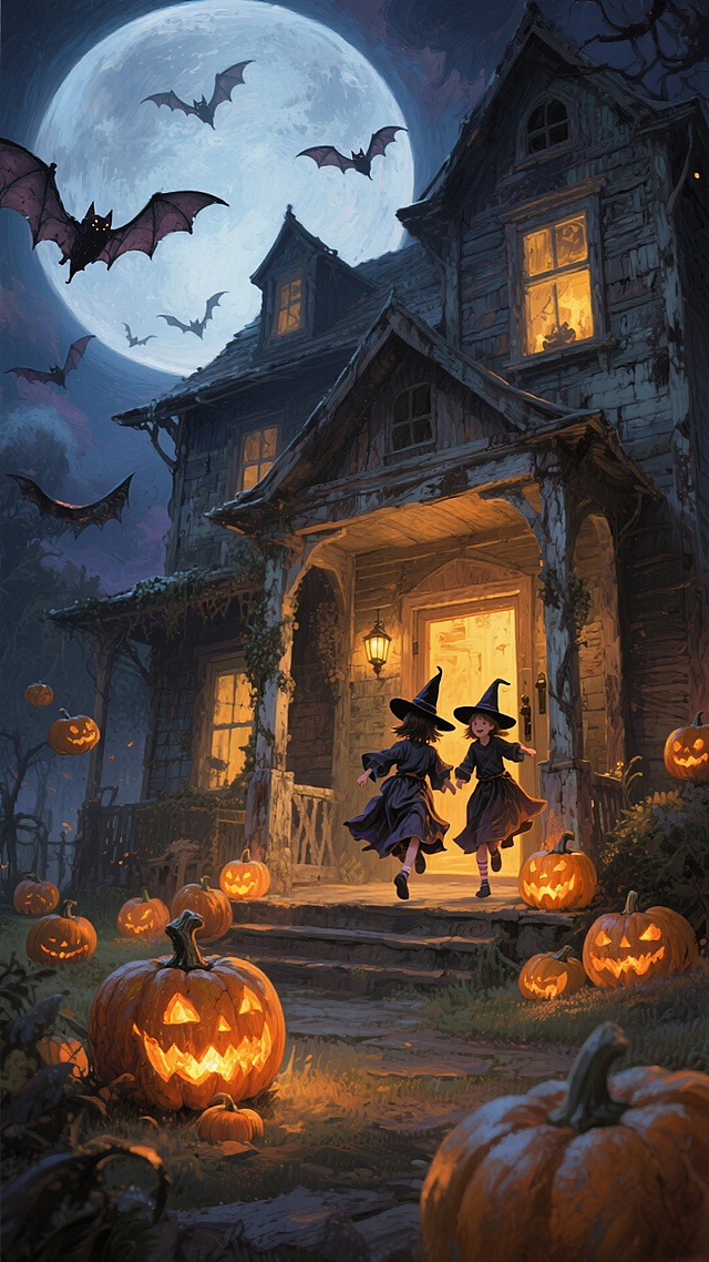 哥特风格老屋前，两个小女巫手牵手奔出，南瓜灯与满月交织出梦幻神秘的万圣夜，插画风厚涂手法营造温暖光影，故事感十足。