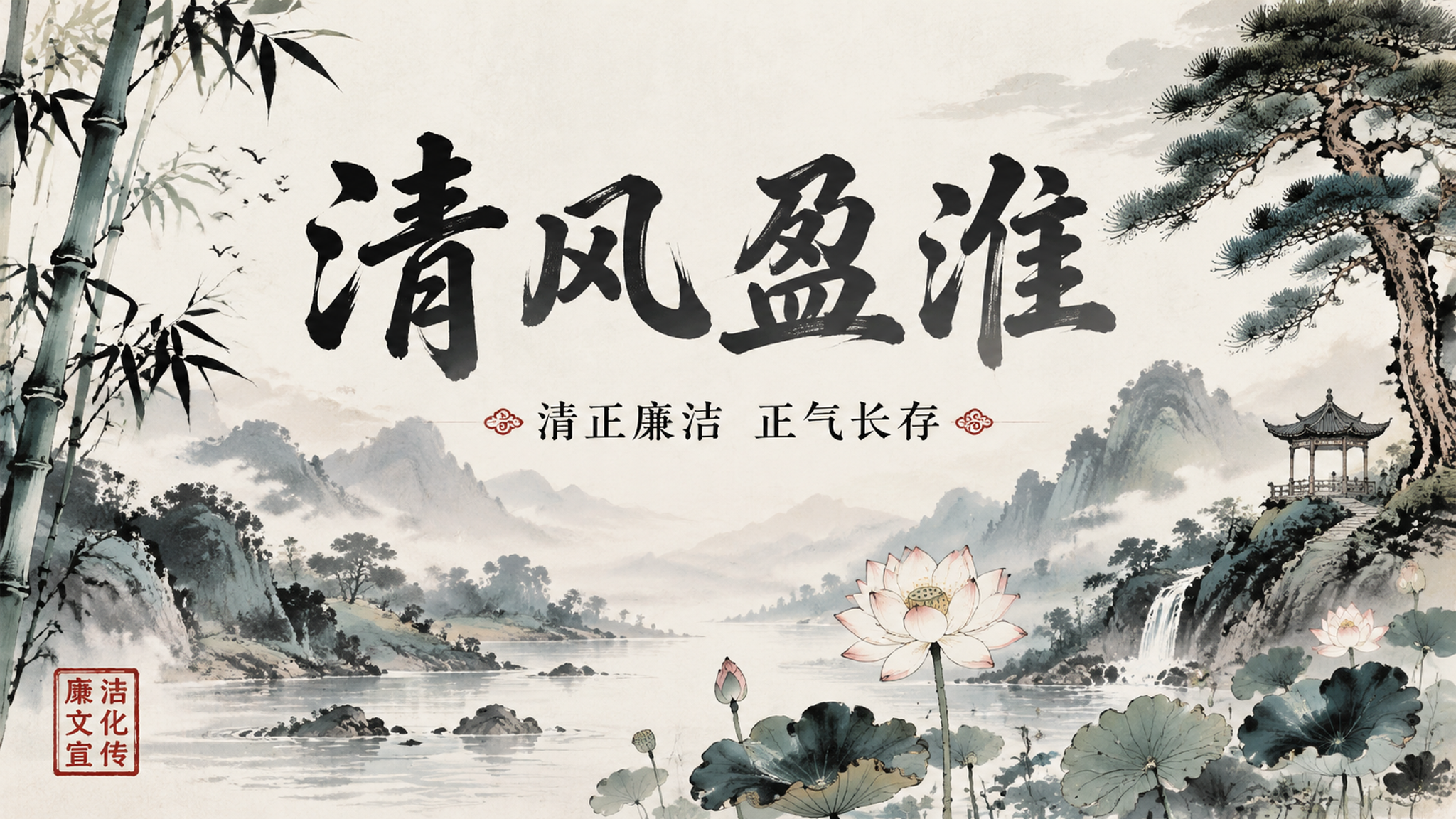 一张横版水墨风格廉洁主题宣传海报，国风新中式工笔水墨画风，意境… - 图片创意预览