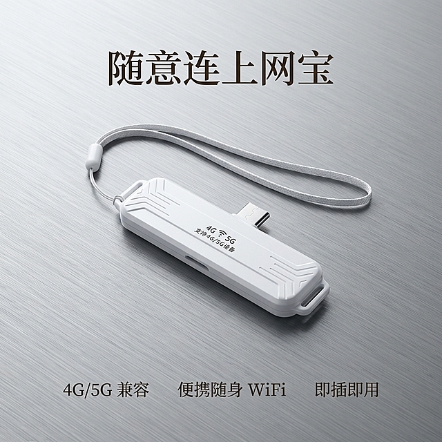 基于参考图，完全1:1还原「随意连上网宝」产品，包括白色U盘造型、Type-C接口、白色挂绳，保留机身印刷文字「4G 5G 支持 4G/5G设备」，产品细节比例外观无变形改动。背景更换为哑光银灰金属质感科技背景，带细腻金属拉丝纹理，低饱和度，无多余杂乱元素。添加专业轮廓光勾勒产品边缘，突出立体感，搭配柔和环境光保证细节清晰。产品名「随意连上网宝」以轻奢商务字体放在顶部居中，不遮挡产品。核心卖点「4G/5G 兼容」「便携随身 WiFi」「即插即用」以轻奢小字标注在产品下方排版整洁。尺寸为800×800px正方形，8K超高清，轻奢商务科技风，高级简约有质感，适配淘宝平台。