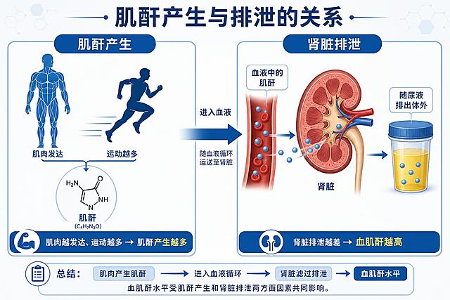 一张医学机理示意图，展示肌酐产生与排泄的关系。画面分为左右两部分：左侧展示"肌酐产生"——肌肉发达的人体剪影和运动的人物图标，箭头指向"肌酐"分子结构图标，配文"肌肉越发达、运动越多 → 肌酐产生越多"；右侧展示"肾脏排泄"——肾脏器官解剖示意图，箭头从血液指向肾脏再指向尿液，配文"肾脏排泄越差 → 血肌酐越高"。中间用箭头连接左右两部分，形成完整的因果链条。整体风格为简洁清晰的医学科普插画，蓝白主色调，信息图风格，文字清晰易读，专业医学插图风格