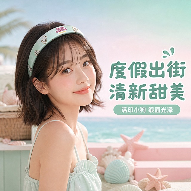 电商主图4，淘宝/天猫风格，1:1比例。年轻女生佩戴miiiiichan薄荷绿满印小狗发箍，半侧身人像，展示佩戴效果。女生齐肩短发，发箍戴在头顶，满印小狗图案和Beach vacation贴片清晰可见，女生表情甜美清新，穿薄荷绿吊带或白色度假风上衣。背景为软萌治愈系海滩度假场景，薄荷绿和粉色渐变，有贝壳、海星装饰，柔和自然光。右侧文字区：主标题"度假出街 清新甜美"，圆润字体深薄荷绿色；下方小字"满印小狗 缎面光泽"。人物和发箍占画面约65%，发箍清晰可见。商业人像摄影质感，柔和侧光，氛围清新治愈。禁止变形、错字、模糊、水印、平台Logo。