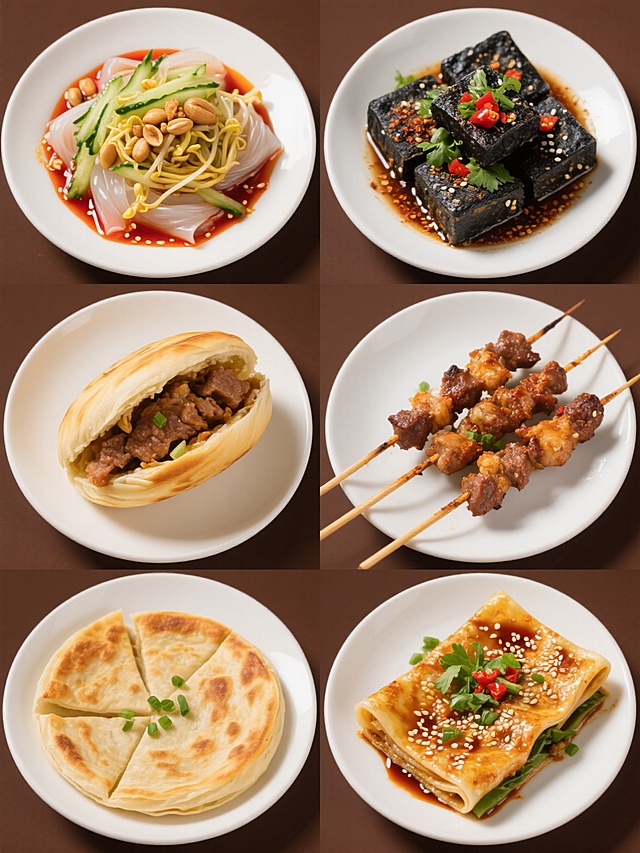 六个中式传统小吃以规整对称的网格状排布于纯色深棕色背景上，每个小吃均盛放在简约白色圆盘中，保持超写实摄影风格，光线从斜上方柔和打亮，形成清晰自然的阴影和细腻的食物质感。从左至右、从上至下依次为：凉皮（透明爽滑的凉皮上铺满翠绿黄瓜丝、金黄豆芽、酥脆花生碎，淋有鲜红油亮的辣椒油，撒着白芝麻）、臭豆腐（深色发酵豆腐块整齐码放，表面点缀翠绿香菜和鲜红剁椒，汤汁浸润边缘透出光泽）、肉夹馍（金黄酥脆的月牙形面饼横向对半切开，露出饱满的腊汁肉馅，肉质纹理清晰可见，饼皮边缘微焦）、烤串（几串饱满的烤肉串并排摆放，肉块表面烤得焦香微脆，撒有孜然粉和辣椒粉，竹签尾部露出）、煎饼果子（圆形煎饼折叠成扇形，边缘金黄微焦，隐约可见内部包裹的薄脆和翠绿葱花，表面刷有酱料）、烤冷面（长方形冷面片折叠成规整形状，表面撒有芝麻、翠绿香菜段和红色小料，边缘略带焦色，透出冷面的Q弹质感。整体构图简约现代，无任何文字、logo及水印，突出食物的原汁原味和精致摆盘。