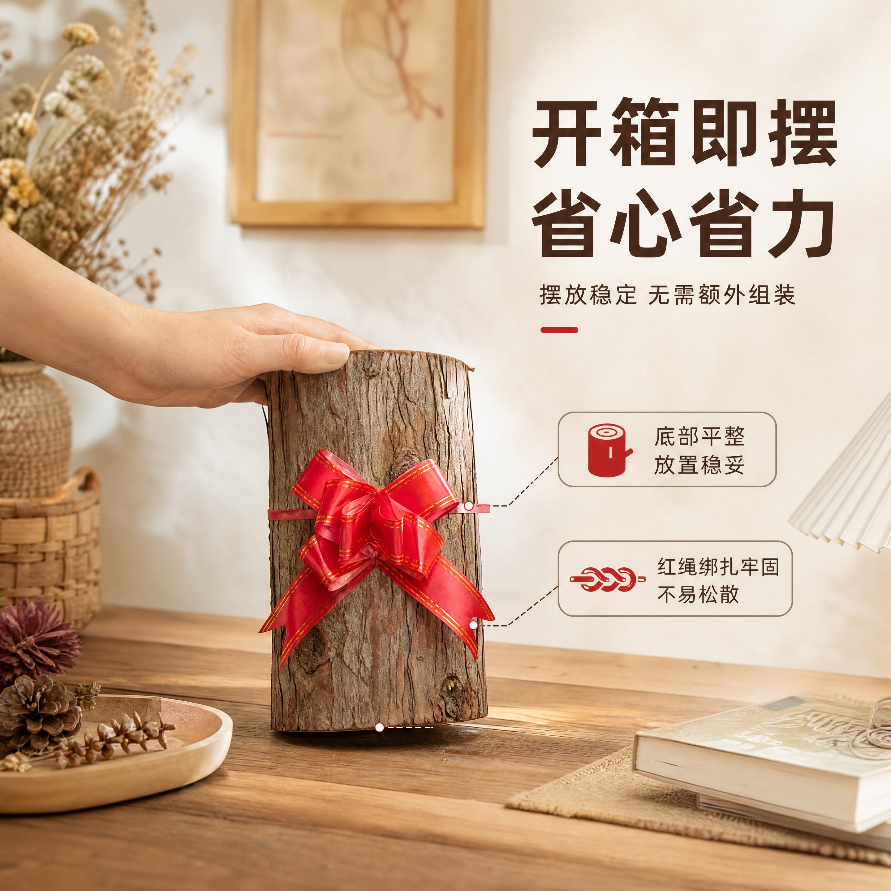 [商品] 使用【图2】杉墩木段配红绳花桌面装饰摆件；保留木段结… - 图片创意预览