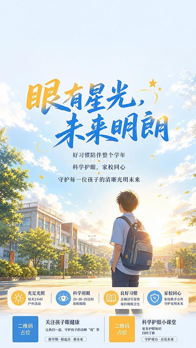 开学护眼系列海报第9张-结尾图，竖版9:16，治愈温暖风格，暖金色+天蓝色配色。画面顶部预留约1/6高度的空白区域，用于放置LOGO和抖音号，干净留白不添加任何元素。画面主视觉：明亮的校园场景，一个少年站在校园里望向远方，背影或侧面，阳光洒在身上，远方是开阔的天空和未来，画面治愈温暖，充满希望。中部大标题文字"眼有星光，未来明朗"。标题下方三段小字正文："好习惯陪伴整个学年""科学护眼，家校同心""守护每一位孩子的清晰光明未来"。整体色调暖金+天蓝，治愈温暖，充满希望和光明，版式精美，收尾感强，2K超清画质。画面中所有二维码区域使用纯色方块占位符呈现，方块中央标注"二维码占位"文字，严禁生成任何可识别的二维码图案。画面中所有信息区域必须填充完整合理的内容，不得出现空白框或待填写区域。