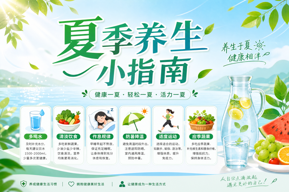 夏季养生小指南主题海报，清新夏日背景，绿色浅蓝配色，突出标题"夏季养生小指南"，排版简洁舒适，包含养生小贴士元素，适合宣传预览效果