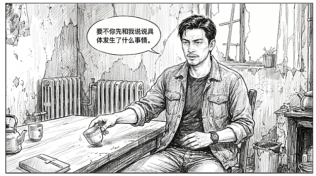 基于第一张图的便衣警官陈峰，绘制他刚被吓到后很快冷静下来开口询问的分镜，台词气泡写："要不你先和我说说具体发生了什么事情。"，整体风格完全匹配第二张图的精细铅笔素描漫画分镜风格，保留人物穿牛仔夹克牛仔裤的造型，保持横版构图和破旧出租屋场景