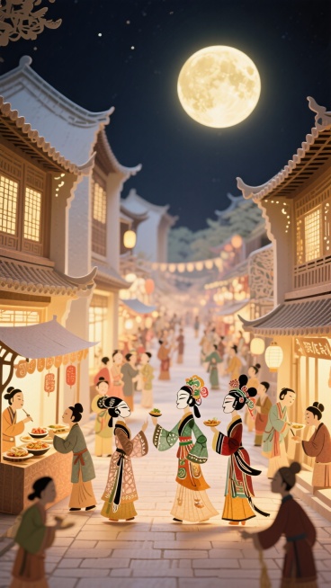 中秋节游园会，很多人在街道上逛街，氛围热闹，一轮圆月，月夜氛围预览效果
