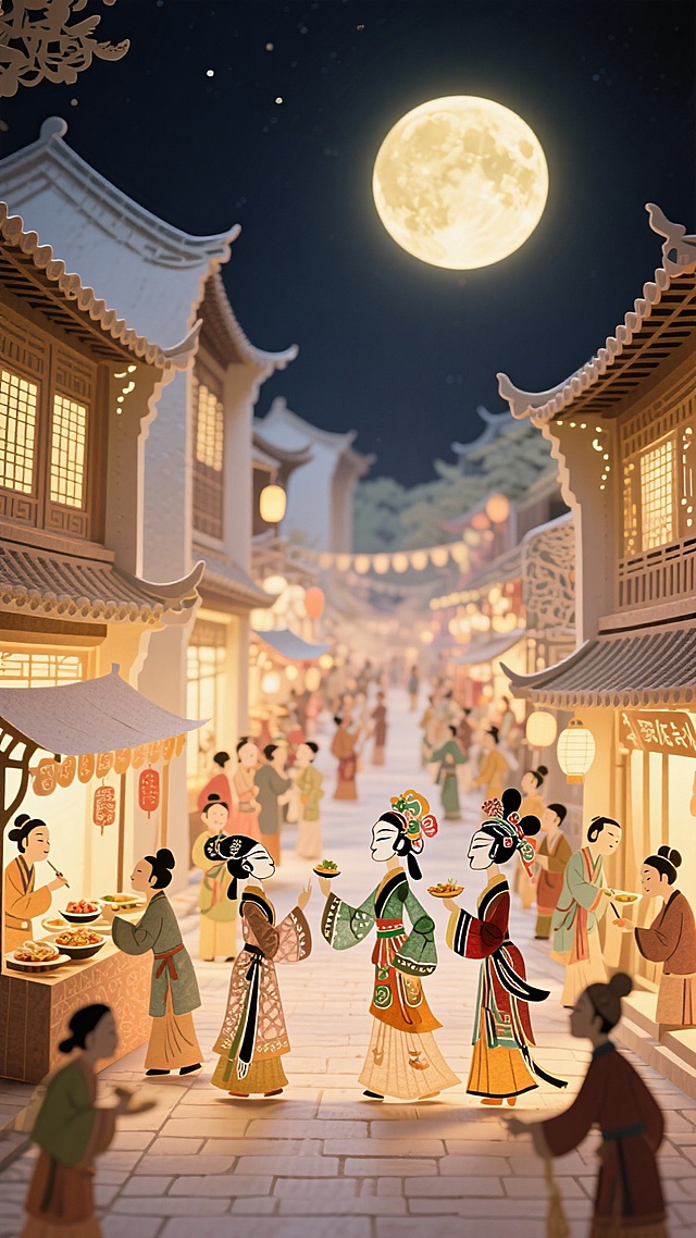 古典中式插画风，国潮浪漫温馨，月下街市灯火阑珊，人物欢聚共庆佳节。