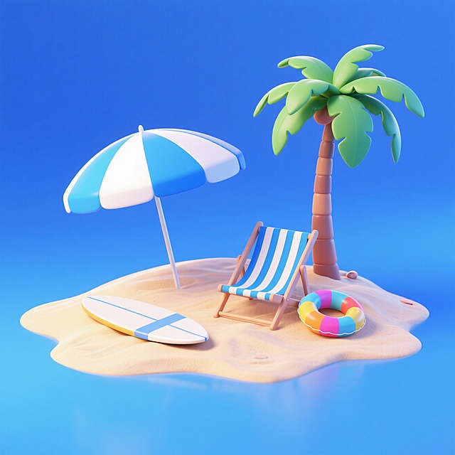 清新软3D风，卡通感海岛场景，椰树、躺椅与冲浪板，夏日度假氛围。