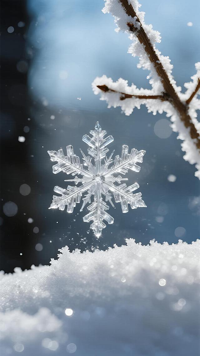 一幅极致细腻的冬季微距摄影画面，背景是柔和朦胧的浅蓝色天空，点缀着梦幻般的散景光斑与飘落的细小雪花；前景中，一根覆盖着晶莹霜花的枯枝从右上角斜向伸展，枝条纹理清晰可见，霜花如羽毛般蓬松洁白；画面中央偏下位置，一颗结构完美、棱角分明的巨大六角形雪花悬浮于空中，其冰晶细节纤毫毕现，透出清冷的光泽；下方是虚化的雪堆，表面布满细碎冰晶与柔和反光，营造出宁静、纯净、空灵且略带神秘感的冬日氛围；整体采用高对比度的冷色调，以白色、冰蓝和淡灰为主，光影柔和而富有层次，突出冰雪的透明质感与寒冷触感，构图遵循三分法，视觉焦点集中在中央雪花，留白充足，画面干净通透，充满诗意与静谧之美。