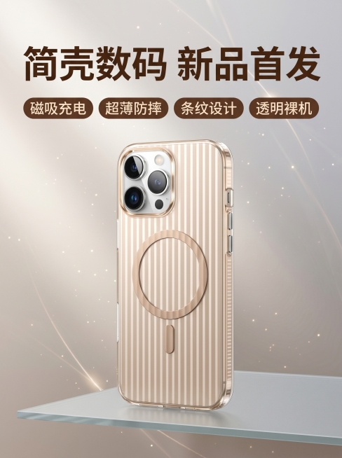 [主图 1] 居中主体香槟色条纹磁吸手机壳首图。[氛围风格] 简约轻奢科技风，干净高级。[画质] 商业摄影质感，光线柔和通透，产品清晰真实，画面干净高级。[元素] 香槟色竖条纹磁吸手机壳居中展示，保留预览效果