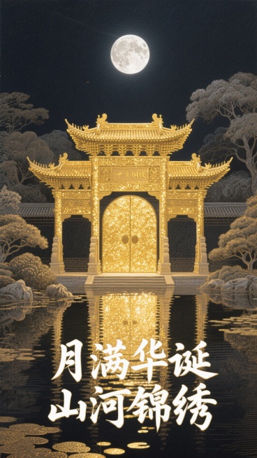 在静谧的中式园林场景中，一轮皎洁的明月高悬夜空，洒下银白的光辉。一座传统中国宫殿大门矗立眼前，整体呈现金色，拥有多层结构与弯曲的飞檐，飞檐上的瓦片纹理清晰，边缘微微上翘，尽显古韵。大门表面覆盖着闪闪发预览效果