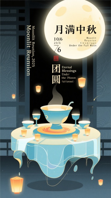 新中式扁平商业插画，宋代美学意境，超现实动态感，冷色调为主局部暖色点缀。画面上方居中“月满中秋”，左侧竖排“Moonlit Reunion, 2025”和日期“10/6”，下方“团圆”和“Eterna预览效果
